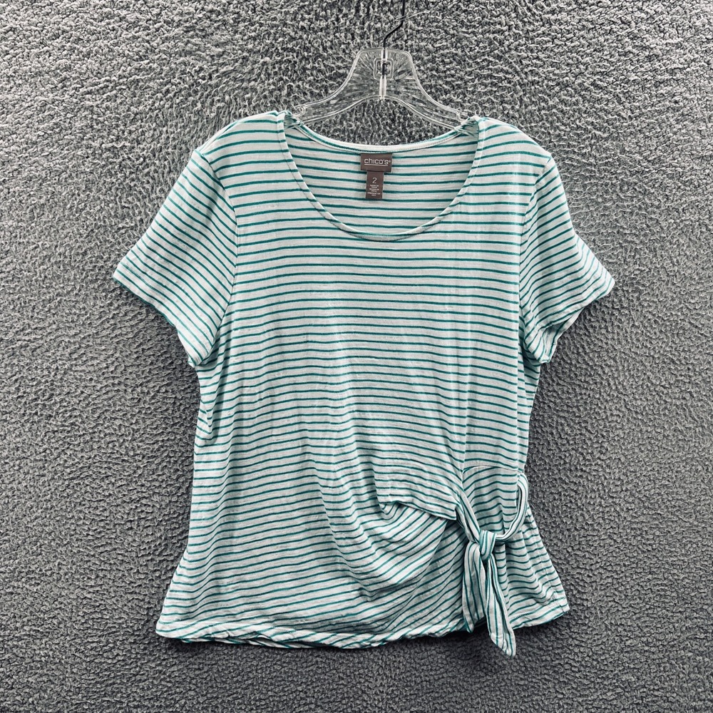Chicos Womens Minimalist Top L Coastal Stripe Side Tie Knit Soft Casual Stretch
